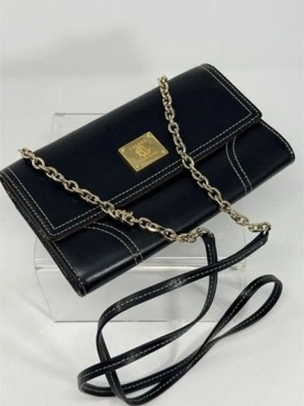 LAUREN RALPH LAUREN Clutch/Crossbody/Wallet- Black Leather CHAIN BAG Gold